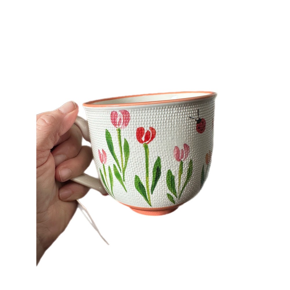 Petal & Pearl Coffee Mug Oversized White Pink Tulip Ladybug New Hobnail Ceramic